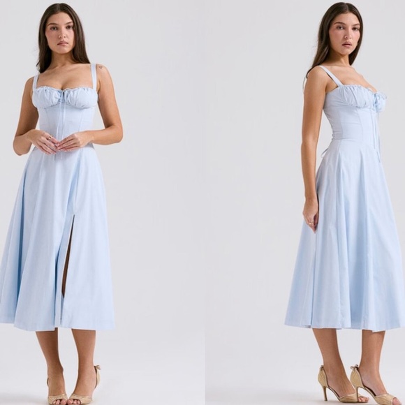 HOUSE OF CB 'Carmen' Soft Blue Cotton Bustier Sundress Size M - Picture 2 of 7